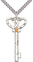 [6212SS-STN11/24S] Sterling Silver Key w/Double Hearts Pendant with a 3mm Topaz Swarovski stone on a 24 inch Light Rhodium Heavy Curb chain