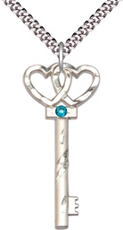 [6212SS-STN12/24S] Sterling Silver Key w/Double Hearts Pendant with a 3mm Zircon Swarovski stone on a 24 inch Light Rhodium Heavy Curb chain