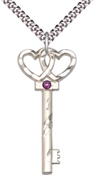 [6212SS-STN2/24S] Sterling Silver Key w/Double Hearts Pendant with a 3mm Amethyst Swarovski stone on a 24 inch Light Rhodium Heavy Curb chain