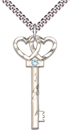 [6212SS-STN3/24S] Sterling Silver Key w/Double Hearts Pendant with a 3mm Aqua Swarovski stone on a 24 inch Light Rhodium Heavy Curb chain