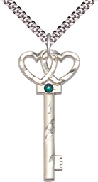 [6212SS-STN5/24S] Sterling Silver Key w/Double Hearts Pendant with a 3mm Emerald Swarovski stone on a 24 inch Light Rhodium Heavy Curb chain