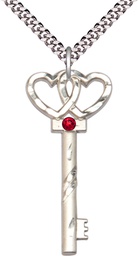 [6212SS-STN7/24S] Sterling Silver Key w/Double Hearts Pendant with a 3mm Ruby Swarovski stone on a 24 inch Light Rhodium Heavy Curb chain