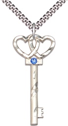 [6212SS-STN9/24S] Sterling Silver Key w/Double Hearts Pendant with a 3mm Sapphire Swarovski stone on a 24 inch Light Rhodium Heavy Curb chain