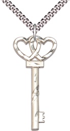 [6212SS/24S] Sterling Silver Key w/Double Hearts Pendant on a 24 inch Light Rhodium Heavy Curb chain