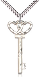 [6212SS/24S] Sterling Silver Key w/Double Hearts Pendant on a 24 inch Light Rhodium Heavy Curb chain