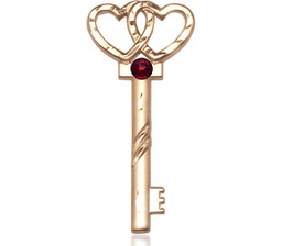 [6213GF-STN1] 14kt Gold Filled Key w/Double Hearts Medal with a 3mm Garnet Swarovski stone