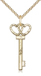 [6213GF/18G] 14kt Gold Filled Small Key w/Double Heart Pendant on a 18 inch Gold Plate Light Curb chain