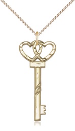 [6213GF/18GF] 14kt Gold Filled Small Key w/Double Heart Pendant on a 18 inch Gold Filled Light Curb chain