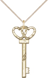 [6213GF/18GF] 14kt Gold Filled Small Key w/Double Heart Pendant on a 18 inch Gold Filled Light Curb chain