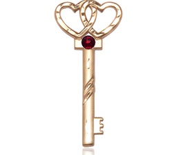 [6213KT-STN1] 14kt Gold Key w/Double Hearts Medal with a 3mm Garnet Swarovski stone