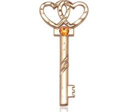 [6213KT-STN11] 14kt Gold Key w/Double Hearts Medal with a 3mm Topaz Swarovski stone