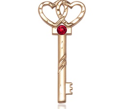 [6213KT-STN7] 14kt Gold Key w/Double Hearts Medal with a 3mm Ruby Swarovski stone