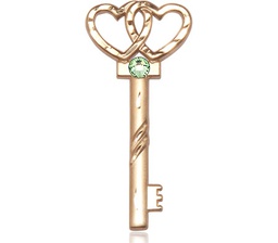 [6213KT-STN8] 14kt Gold Key w/Double Hearts Medal with a 3mm Peridot Swarovski stone