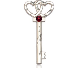 [6213SS-STN1] Sterling Silver Key w/Double Hearts Medal with a 3mm Garnet Swarovski stone