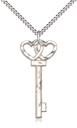 [6213SS/18S] Sterling Silver Small Key w/Double Heart Pendant on a 18 inch Light Rhodium Light Curb chain