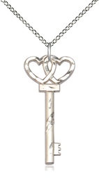 [6213SS/18SS] Sterling Silver Small Key w/Double Heart Pendant on a 18 inch Sterling Silver Light Curb chain