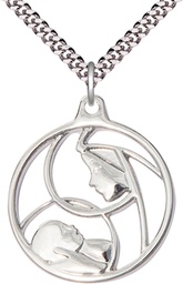 [6224SS/24S] Sterling Silver Madonna &amp; Child Pendant on a 24 inch Light Rhodium Heavy Curb chain