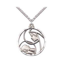 [6228SS/24SS] Sterling Silver Madonna &amp; Child Pendant on a 24 inch Sterling Silver Heavy Curb chain