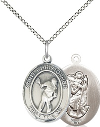 [8516SS/18SS] Sterling Silver Saint Christopher Lacrosse Pendant on a 18 inch Sterling Silver Light Curb chain