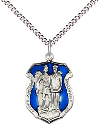 [6263ESS/18S] Sterling Silver Saint Michael the Archangel Police Shield Pendant on a 18 inch Light Rhodium Light Curb chain