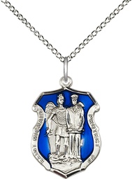 [6263ESS/18SS] Sterling Silver Saint Michael the Archangel Police Shield Pendant on a 18 inch Sterling Silver Light Curb chain