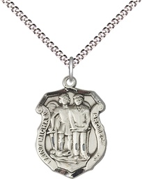 [6263SS/18S] Sterling Silver Saint Michael the Archangel Police Shield Pendant on a 18 inch Light Rhodium Light Curb chain