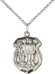 [6263SS/18SS] Sterling Silver Saint Michael the Archangel Police Shield Pendant on a 18 inch Sterling Silver Light Curb chain