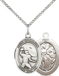 [8601SS/18SS] Sterling Silver Saint Sebastian Football Pendant on a 18 inch Sterling Silver Light Curb chain