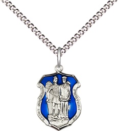 [6264ESS/18S] Sterling Silver Saint Michael the Archangel Police Shield Pendant on a 18 inch Light Rhodium Light Curb chain