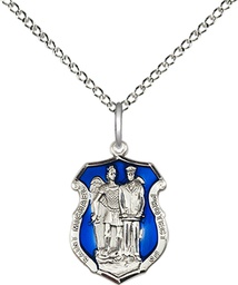 [6264ESS/18SS] Sterling Silver Saint Michael the Archangel Police Shield Pendant on a 18 inch Sterling Silver Light Curb chain