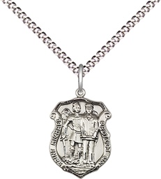 [6264SS/18S] Sterling Silver Saint Michael the Archangel Police Shield Pendant on a 18 inch Light Rhodium Light Curb chain