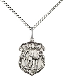 [6264SS/18SS] Sterling Silver Saint Michael the Archangel Police Shield Pendant on a 18 inch Sterling Silver Light Curb chain