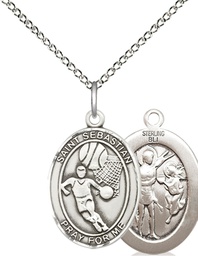 [8602SS/18SS] Sterling Silver Saint Sebastian Basketball Pendant on a 18 inch Sterling Silver Light Curb chain