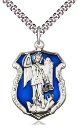 [6274ESS/24S] Sterling Silver Saint Michael the Archangel Shield Pendant on a 24 inch Light Rhodium Heavy Curb chain