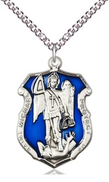 [6274ESS/24SS] Sterling Silver Saint Michael the Archangel Shield Pendant on a 24 inch Sterling Silver Heavy Curb chain