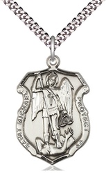 [6274SS/24S] Sterling Silver Saint Michael the Archangel Shield Pendant on a 24 inch Light Rhodium Heavy Curb chain