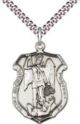 [6274SS/24S] Sterling Silver Saint Michael the Archangel Shield Pendant on a 24 inch Light Rhodium Heavy Curb chain