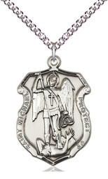 [6274SS/24SS] Sterling Silver Saint Michael the Archangel Shield Pendant on a 24 inch Sterling Silver Heavy Curb chain