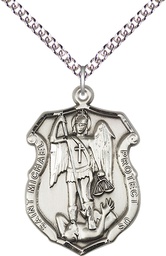 [6274SS/24SS] Sterling Silver Saint Michael the Archangel Shield Pendant on a 24 inch Sterling Silver Heavy Curb chain