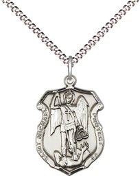 [6275SS/18S] Sterling Silver Saint Michael the Archangel Shield Pendant on a 18 inch Light Rhodium Light Curb chain