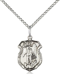 [6276SS/18SS] Sterling Silver Saint Michael the Archangel Shield Pendant on a 18 inch Sterling Silver Light Curb chain