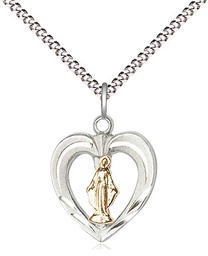 [6277GF/SS/18S] Two-Tone GF/SS Heart / Miraculous Pendant on a 18 inch Light Rhodium Light Curb chain