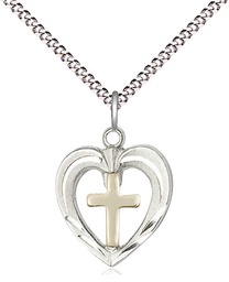 [6278GF/SS/18S] Two-Tone GF/SS Heart / Cross Pendant on a 18 inch Light Rhodium Light Curb chain