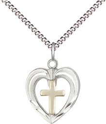 [6278GF/SS/18S] Two-Tone GF/SS Heart / Cross Pendant on a 18 inch Light Rhodium Light Curb chain