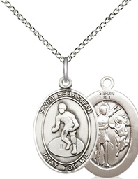 [8608SS/18SS] Sterling Silver Saint Sebastian Wrestling Pendant on a 18 inch Sterling Silver Light Curb chain