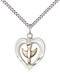 [6280GF/SS/18S] Two-Tone GF/SS Heart / Holy Spirit Pendant on a 18 inch Light Rhodium Light Curb chain