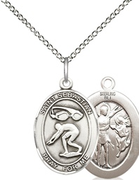 [8611SS/18SS] Sterling Silver Saint Sebastian Swimming Pendant on a 18 inch Sterling Silver Light Curb chain