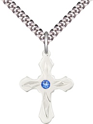 [6036SS5-STN9/24S] Sterling Silver Cross Pendant with a 3mm Sapphire Swarovski stone on a 24 inch Light Rhodium Heavy Curb chain