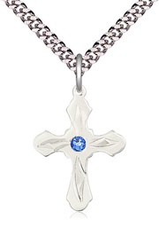 [6036SS5-STN9/24S] Sterling Silver Cross Pendant with a 3mm Sapphire Swarovski stone on a 24 inch Light Rhodium Heavy Curb chain