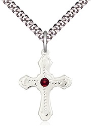 [6036SS6-STN1/24S] Sterling Silver Cross Pendant with a 3mm Garnet Swarovski stone on a 24 inch Light Rhodium Heavy Curb chain